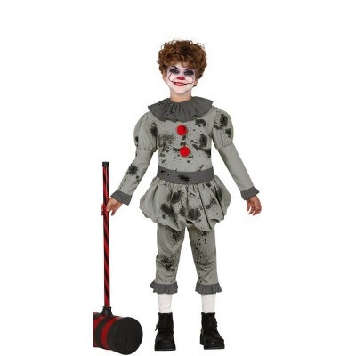 Fato de palhaço cinzento com manchas e martelo gigante