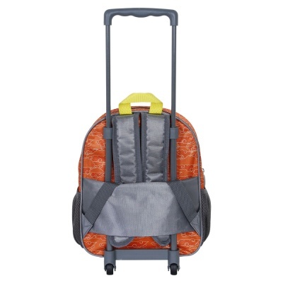 Mochila de rodinhas infantil com padrão laranja e branco, alças cinza e amarelas