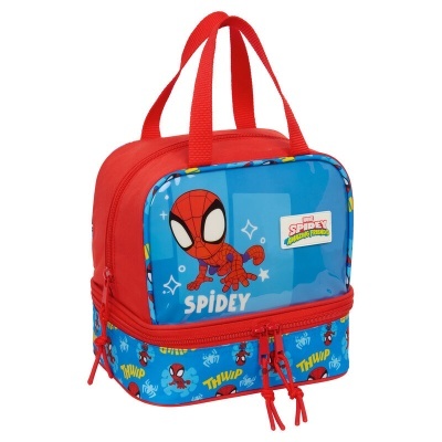 Lancheira vermelha e azul com estampado do Spidey e texto SPIDEY