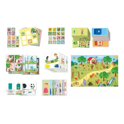Conjunto de jogos educativos para crianças com cartas e painéis ilustrados coloridos em fundo branco