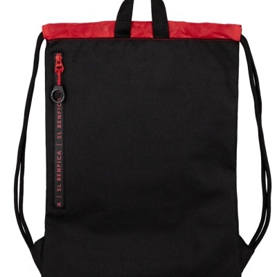 Mochila saco desportiva preta com detalhes vermelhos e texto SL BENFICA