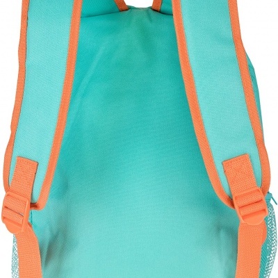 Mochila verde água com detalhes e alças laranja vista de costas