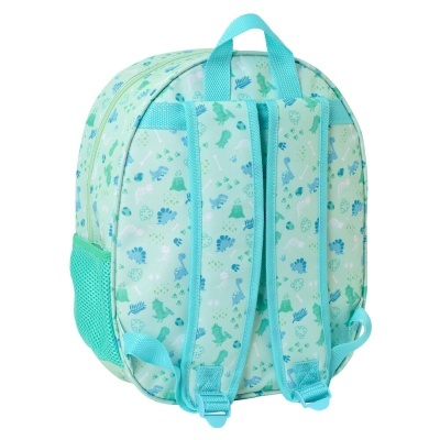 Mochila infantil azul clara com padrão de dinossauros e alças acolchoadas