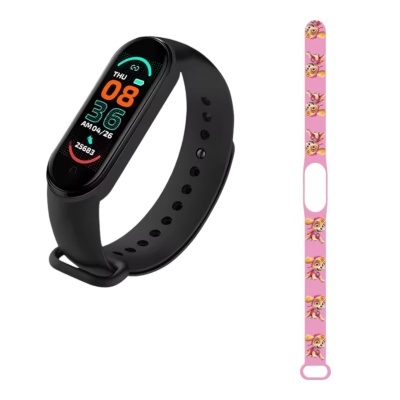 Relógio inteligente preto com ecrã digital e pulseira rosa com padrão de coelho