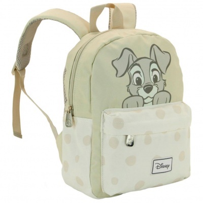 mochila infantil bege com personagem Disney e bolso frontal com bolinhas