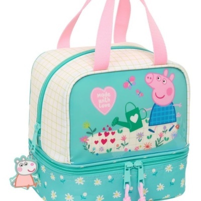 Mala infantil azul turquesa com Peppa Pig e padrão de flores brancas
