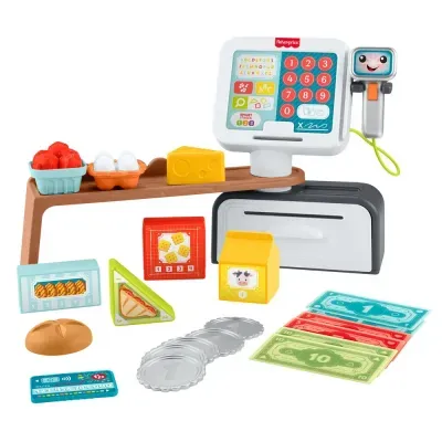 Caixa registadora de brinquedo Fisher-Price com acessórios de alimentos de brincar e dinheiro