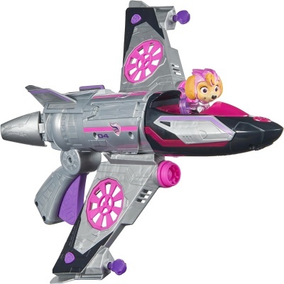 Brinquedo de avião futurista cinzento com detalhes rosa e figura de cão