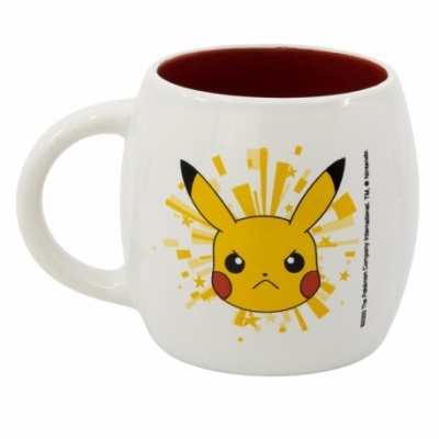 Caneca branca com desenho do Pikachu zangado e interior vermelho