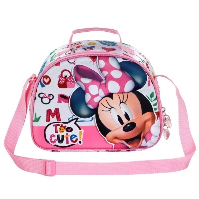 Mala tiracolo infantil rosa com imagem da Minnie Mouse e texto 