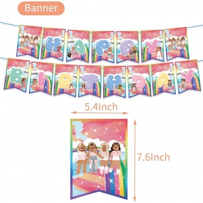 Banner colorido de Happy Birthday com bonecas e arco-íris