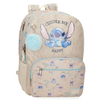 Mochila bege com estampas do personagem Stitch e pompom azul