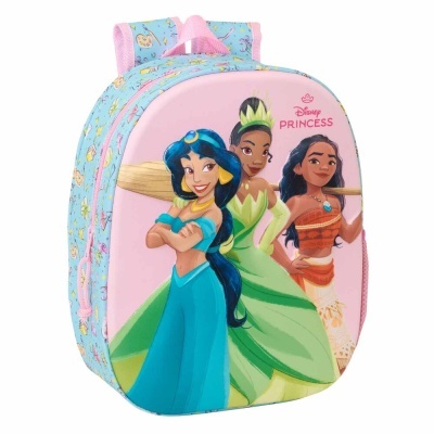 Mochila infantil rosa com Princesas Disney e laterais azuis com desenhos