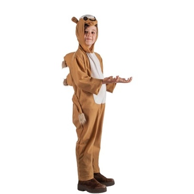 Fato infantil castanho com barriga branca e capuz com olhos e focinho de animal