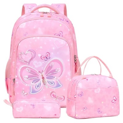 Conjunto de mochila rosa com padrão de borboletas e corações