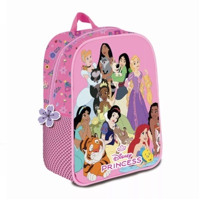 Mochila rosa com princesas Disney e flores