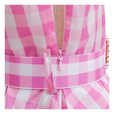 Detalhe do vestido rosa branco xadrez com fecho e cinto.