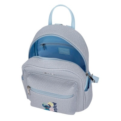 Mochila pequena azul claro com padrão riscado e desenho Stitch