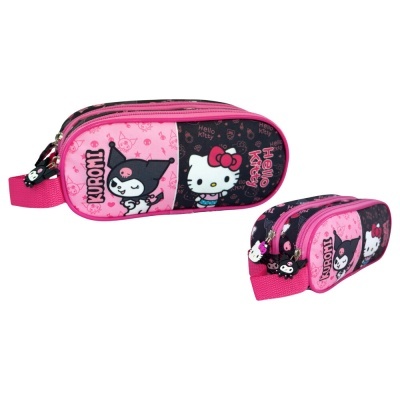 Estojo escolar rosa e preto com estampas Kuromi e Hello Kitty