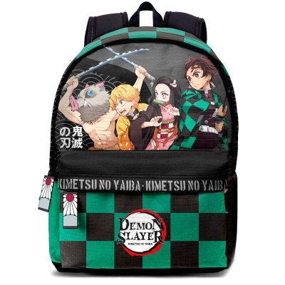 Mochila quadriculada com imagem do anime Demon Slayer e texto relacionado