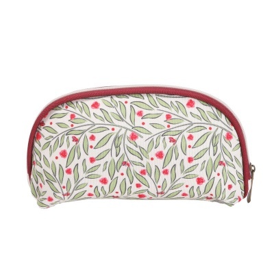Estojo tecido branco com padrão folhas verdes e flores vermelhas, fecho bordô