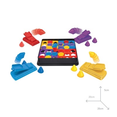 Jogo de tabuleiro com peças coloridas e base preta retangular