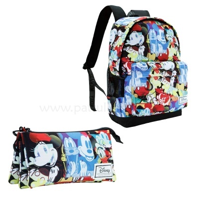 Mochila e estojo escolares com padrão Disney colorido
