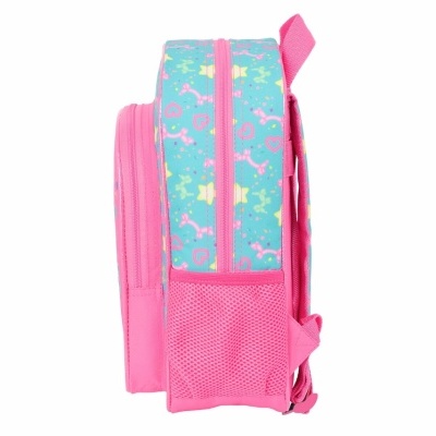 Mochila infantil rosa com laterais azul claro e padrão colorido