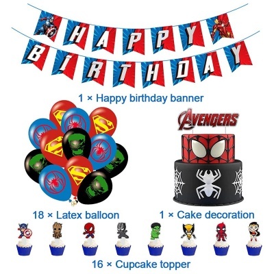 Conjunto de decoração de festa dos Avengers com bandeirola, balões, decoração de bolo e toppers para cupcakes.