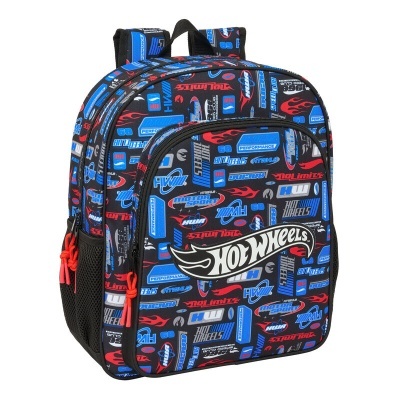 Mochila infantil colorida com padrão Hot Wheels e fechos vermelhos