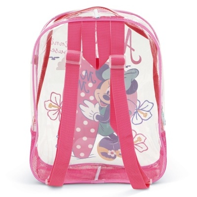Mochila transparente com bordas e alças cor-de-rosa e imagem da Minnie
