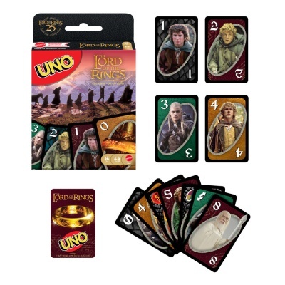 Jogo de cartas UNO The Lord of the Rings com várias cartas e embalagem.