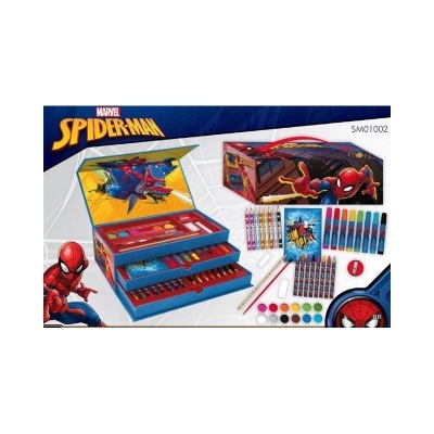 Conjunto de material de arte Marvel Spider-Man com estojo e várias ferramentas de desenho coloridas.