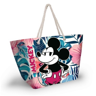 Saco de praia colorido com estampa de flores, folhas e Mickey Mouse