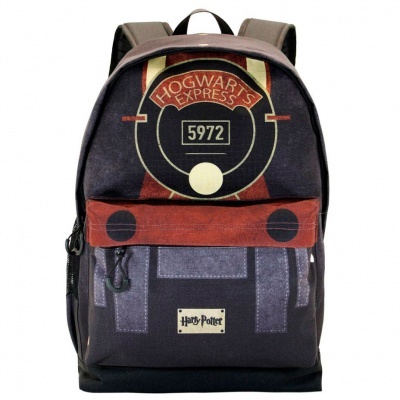 mochila com estampa do comboio Hogwarts Express, preta e vermelha, com texto e número