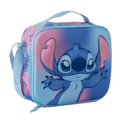 Mala térmica azul e rosa com personagem Stitch na frente