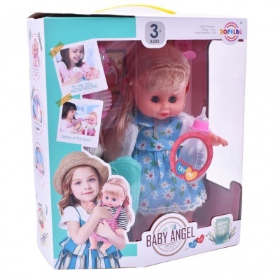 Boneca Baby Angel com vestido azul e biberão rosa na embalagem