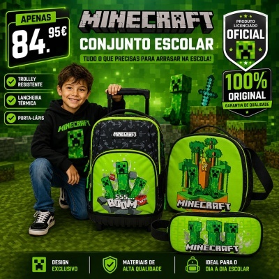 Conjunto escolar Minecraft com mochila trolley, lancheira e estojo verdes com estampas Creeper e rapaz sorridente