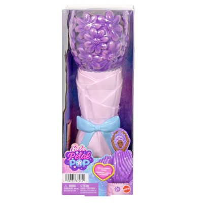 Brinquedo Barbie Petal Pop em embalagem transparente com flores roxas, vaso rosa e laço azul