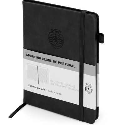 Bloco de notas preto do Sporting Clube de Portugal com elástico de fecho