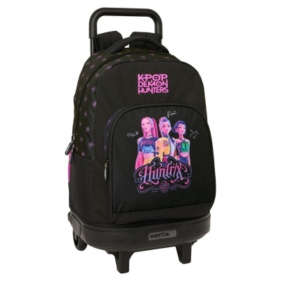 Mochila de rodas preta com decoração colorida e texto KPOP DEMON HUNTERS