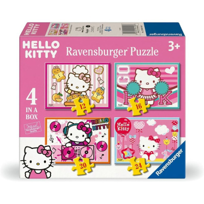 Caixa de puzzle Ravensburger Hello Kitty para crianças 3+, com 4 puzzles, 12,16,20 e 24 peças, cores rosa e branco.
