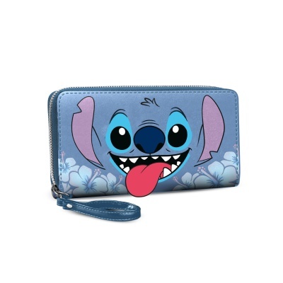 Carteira azul com rosto do personagem Stitch e flores azuis
