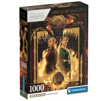 Caixa de puzzle de 1000 peças House of the Dragon com personagens e dragão.