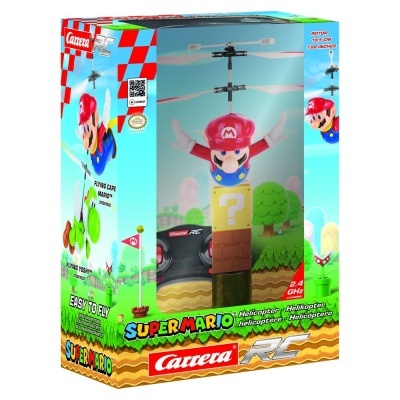 Caixa de brinquedo helicóptero RC Super Mario e Mario vermelho sobre bloco amarelo
