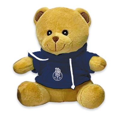 Urso de peluche castanho claro vestido com sweatshirt azul do FC Porto