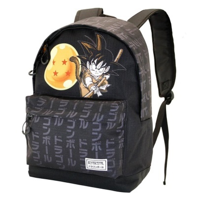Mochila preta com desenho do Goku e bola laranja, bolso com padrão japonês