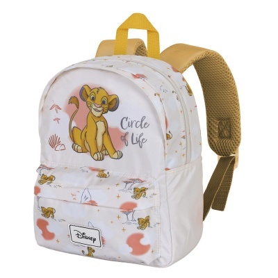 Mochila branca infantil com padrões do Simba e texto Circle of Life