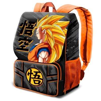 Mochila preta e laranja com estampa do Goku Super Saiyajin do anime Dragon Ball