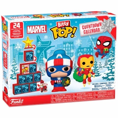 Caixa de calendário de contagem decrescente Marvel Bitty Pop com figura Capitão América e Homem-Aranha